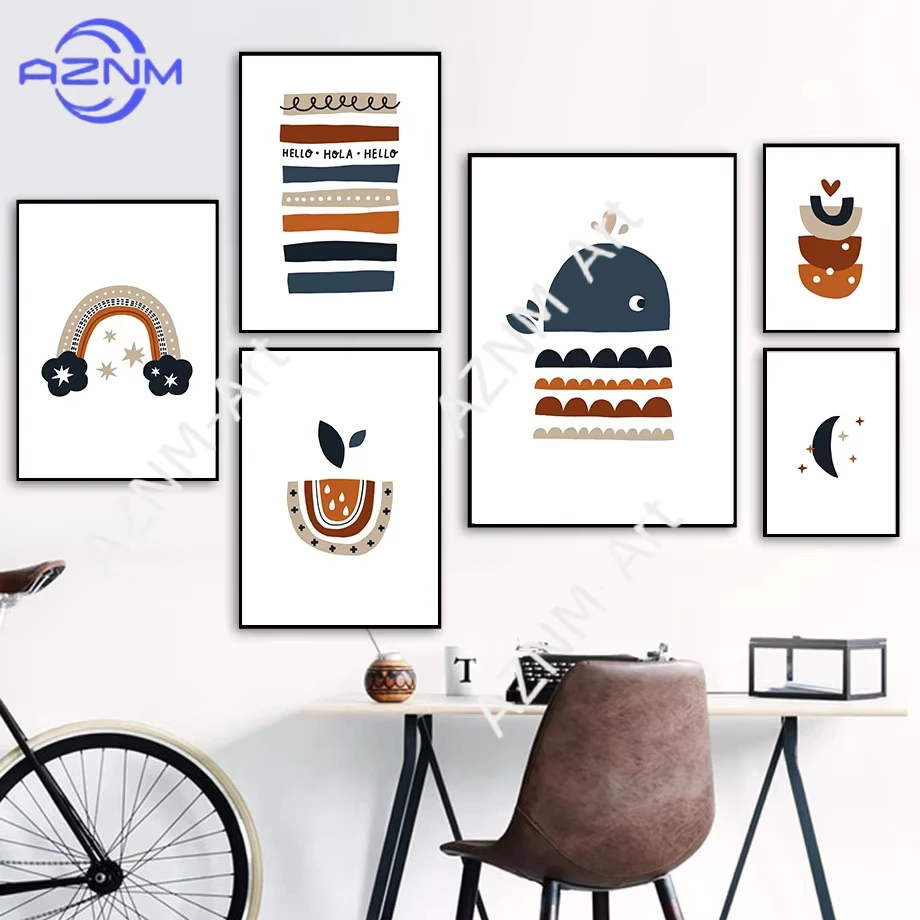 Pósteres de pared de dibujos animados con diseño de ballena marina, arcoíris y estrellas, impresión en lienzo, decoración para habitación de bebé o niños, 1/6 unidades