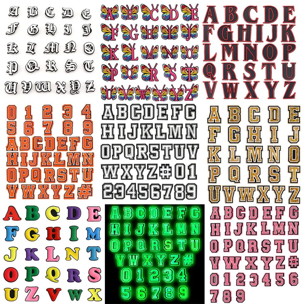 10-37PCS Colored letters glow-in-the-dark Shoe Charm Wholesale PVC bag clog Wristband Decor Buckle Detachable Waterproof To Gift
