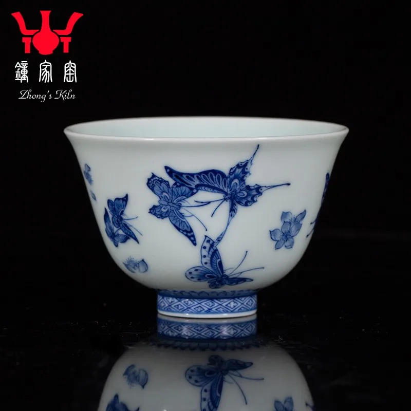 Zhongjia Kiln Jingdezhen Ceramic Blue and White Firewood Kiln Tea Set Master Cup Inner Painting Full Work Hundred Butterfly Pict