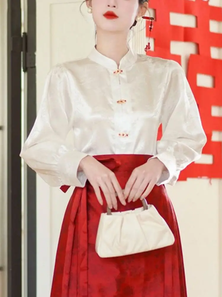 

Белая женская блузка с длинным рукавом в традиционном китайском стиле Ханьфу, новый китайский стиль, женский топ, сочетающийся с...