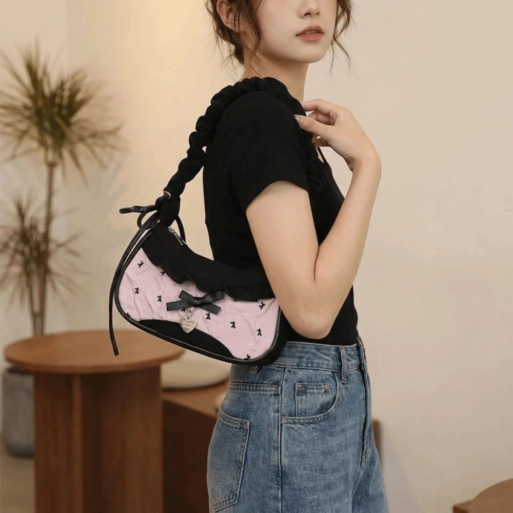 Lovely Korean Style Bow Shoulder Bag Pink Hand-held Underarm Handbag Drawstring Commuting Crossbody Bag Travel