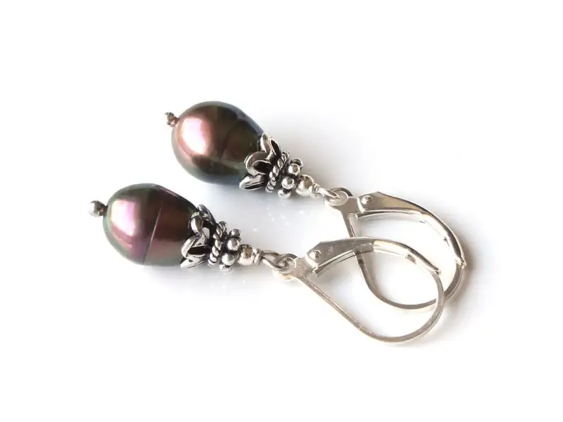 Peacock Pearls Sterling Silver Earrings classic dainty dangle drops boho chic everyday June birthstone birthday gift for her mom image 3