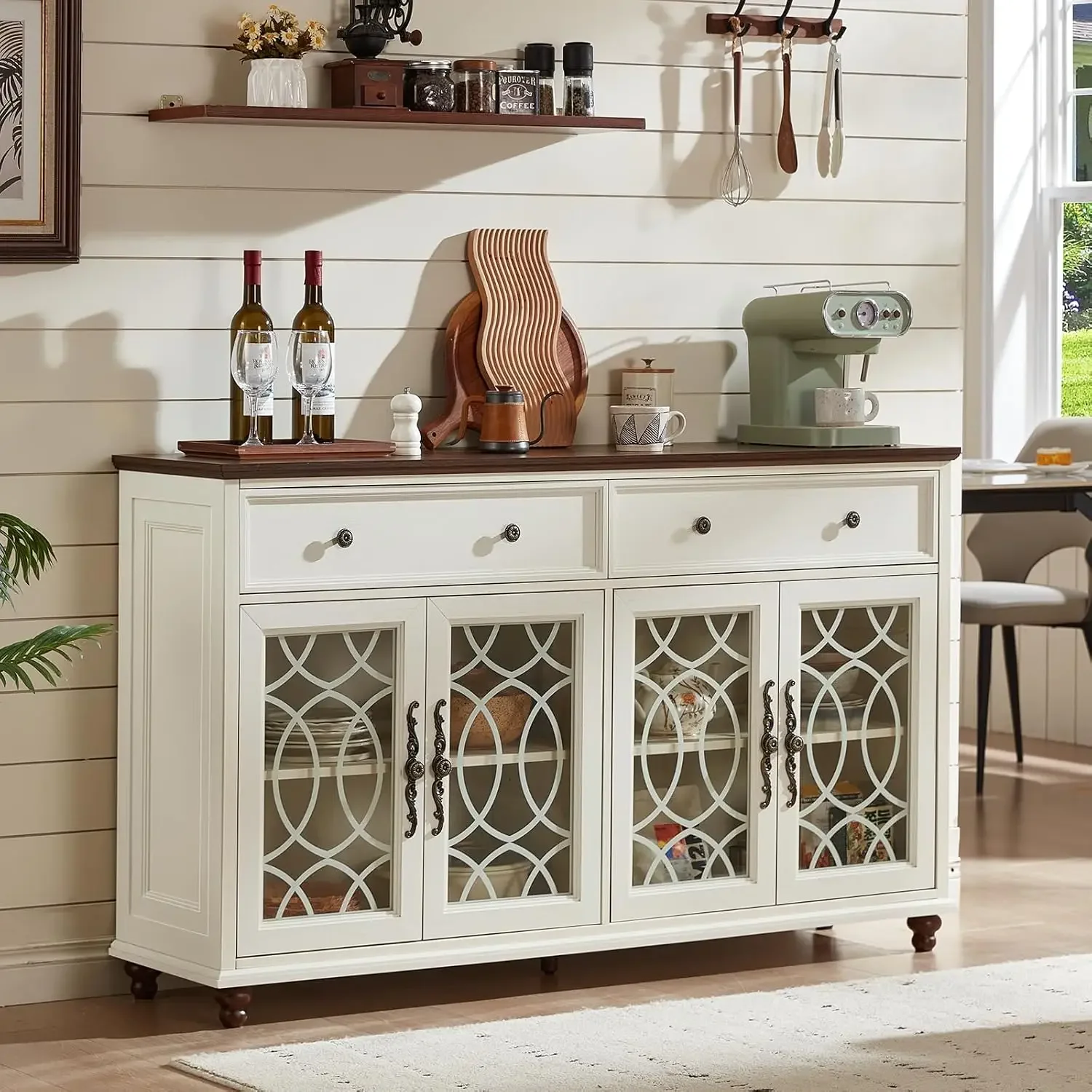 White Farmhouse Sideboard Buffet 59 Inch Credenza 4 Glass Doors 2 Drawers Kitchen Coffee Bar Adjustable Shelves