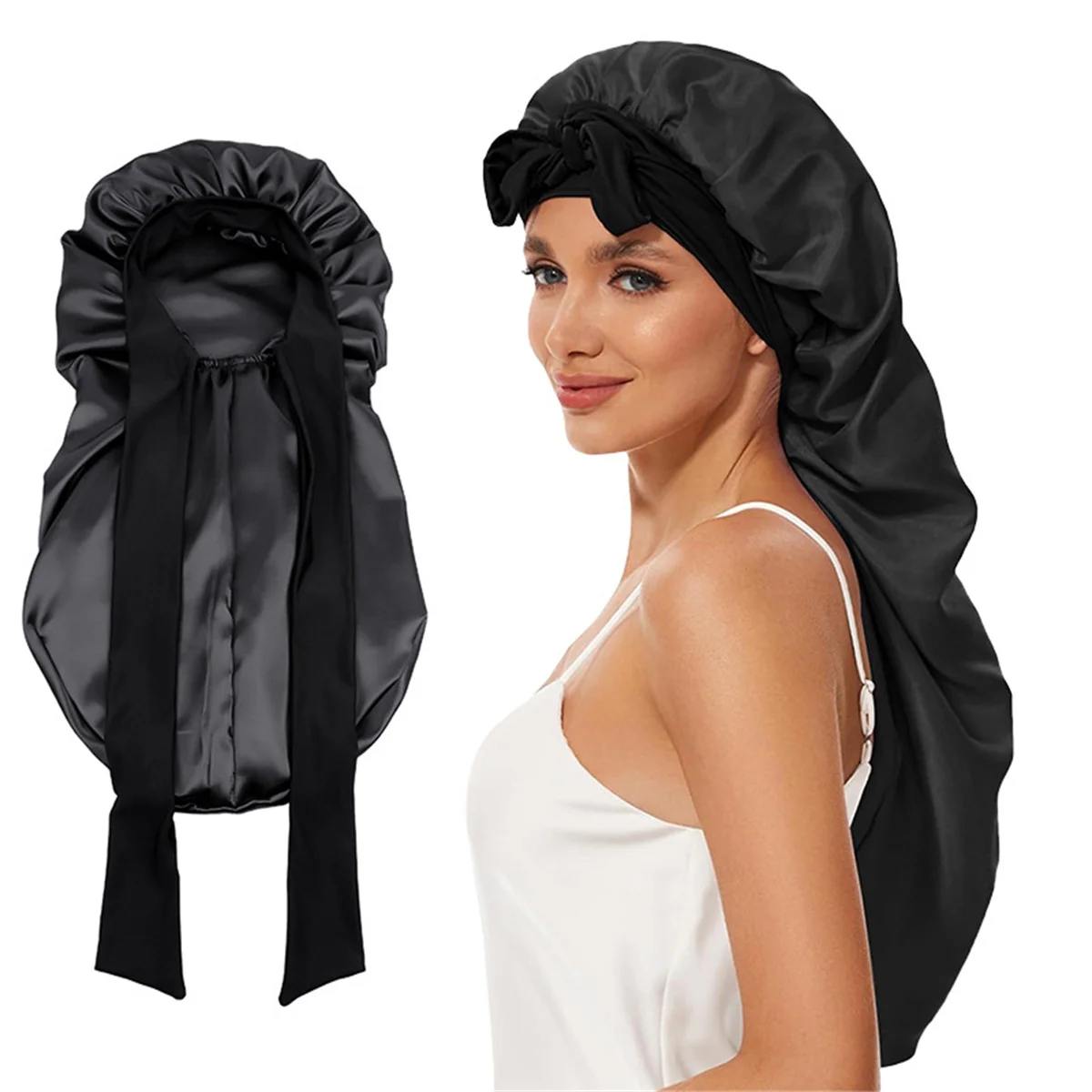 Zachte zijdeachtige lange satijnen motorkap voor natuurlijk haar en krullend haar Extra grote haarkap met stropdas voor comfortabele nachtrust 1 stuks