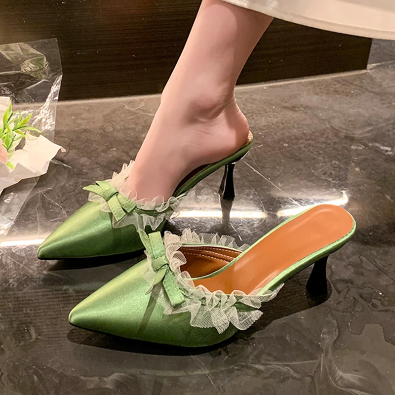 Damen Spitze Pantoletten mit Schleife, Hohe Absätze, Elegante Slingback-Sandalen, Luxuriöse Sexy Pumps, Neue Party-Schuhe für Damen