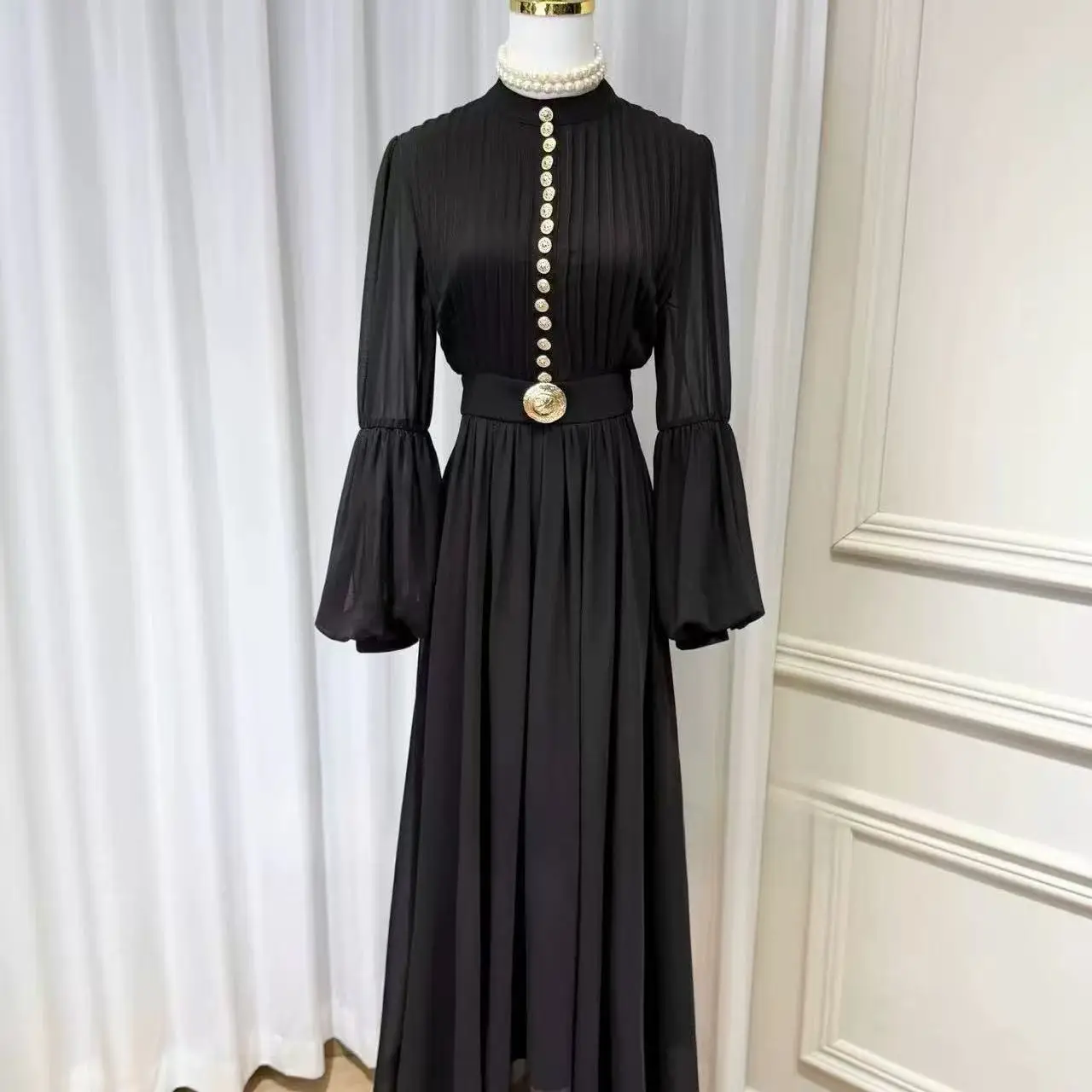 French Design Luxury Summer Black Diamonds Tassel Prom Party Long Dress Elegant Women Stand Collar Organza Fold Ruffles Clothes