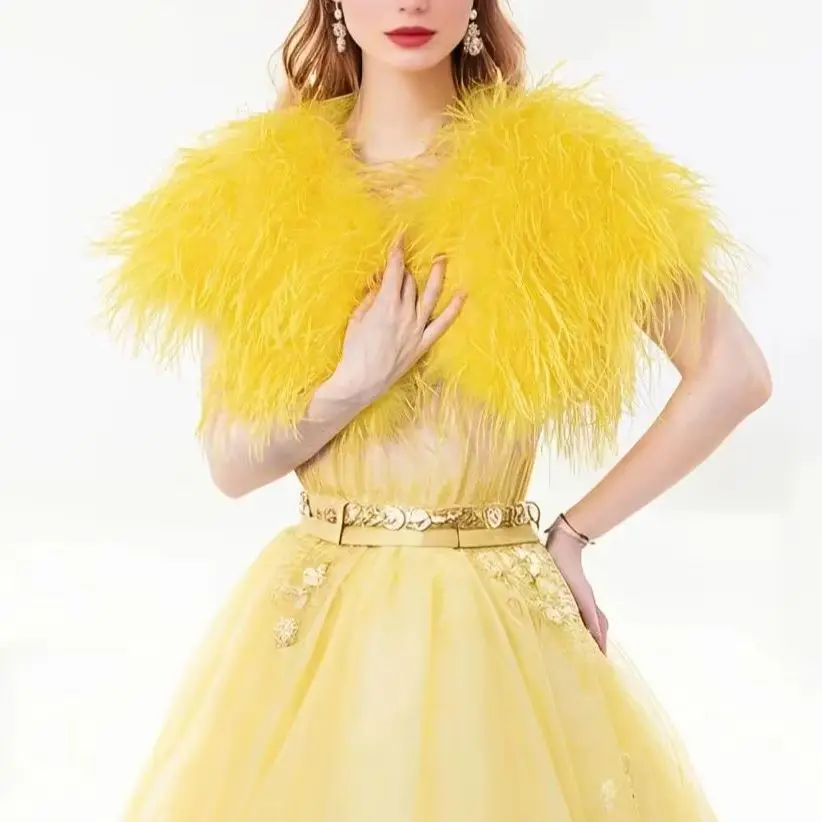 Natural Turkey Ostrich Feather Vest for Women, Fluffy Breast Wrapping, Peach Fuzz Party, New, 21A0705