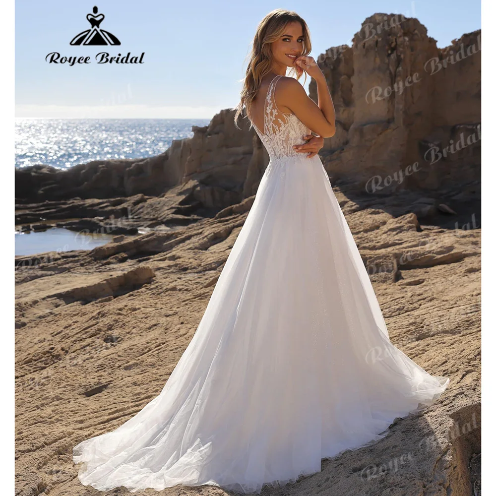 2027 Boho A‑Line Sparkle Tulle Wedding Dress Deep V Neck Illusion Lace Corset Bodice V‑Back Beaded Floral Bridal Gown Customized