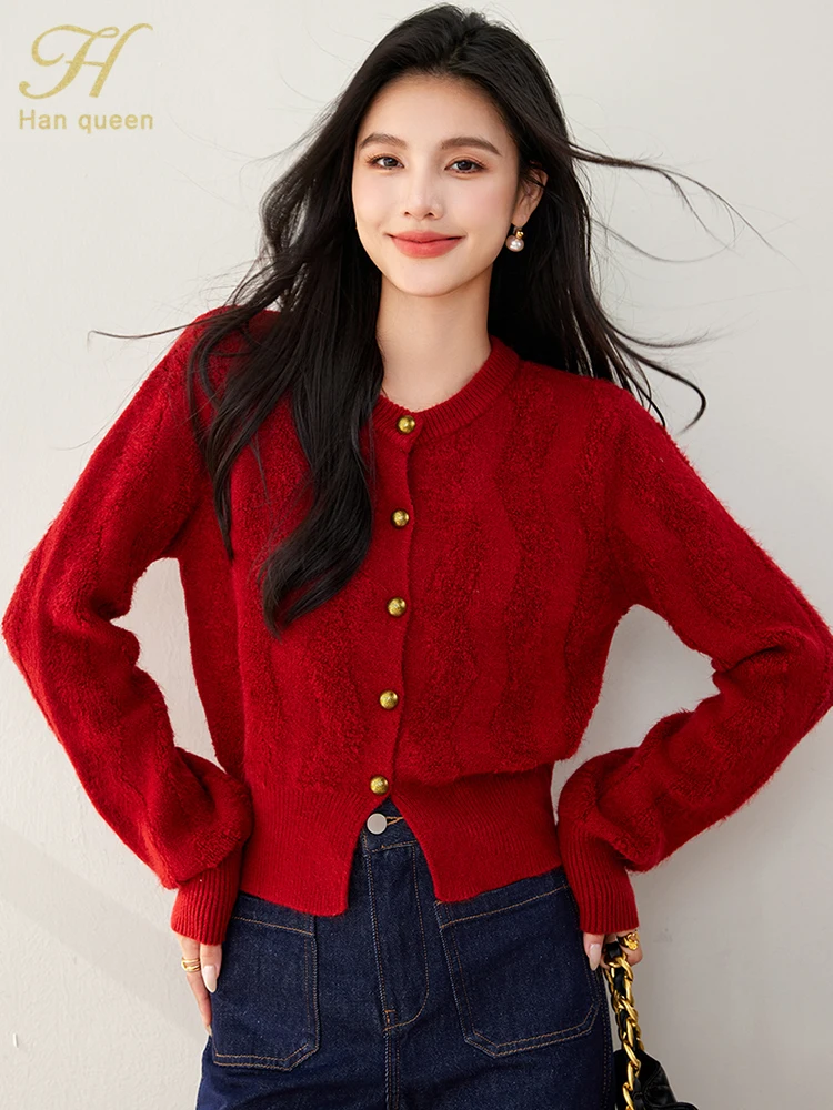 H Han Queen 2024 Autumn Winter Knitted Sweater Korean Vintage Red Jacket Cardigan Women Long Sleeve Female Clothing Fashion Tops