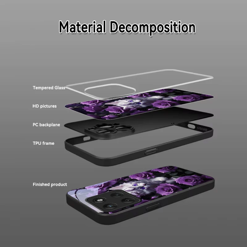 Kitten Purple Roses Black Glass Phone Case For Motorola Moto Edge 60 20 Lite 30 70 Pro 40 Neo 50 Ultra G14 G22 35 75 Back Cover view 6