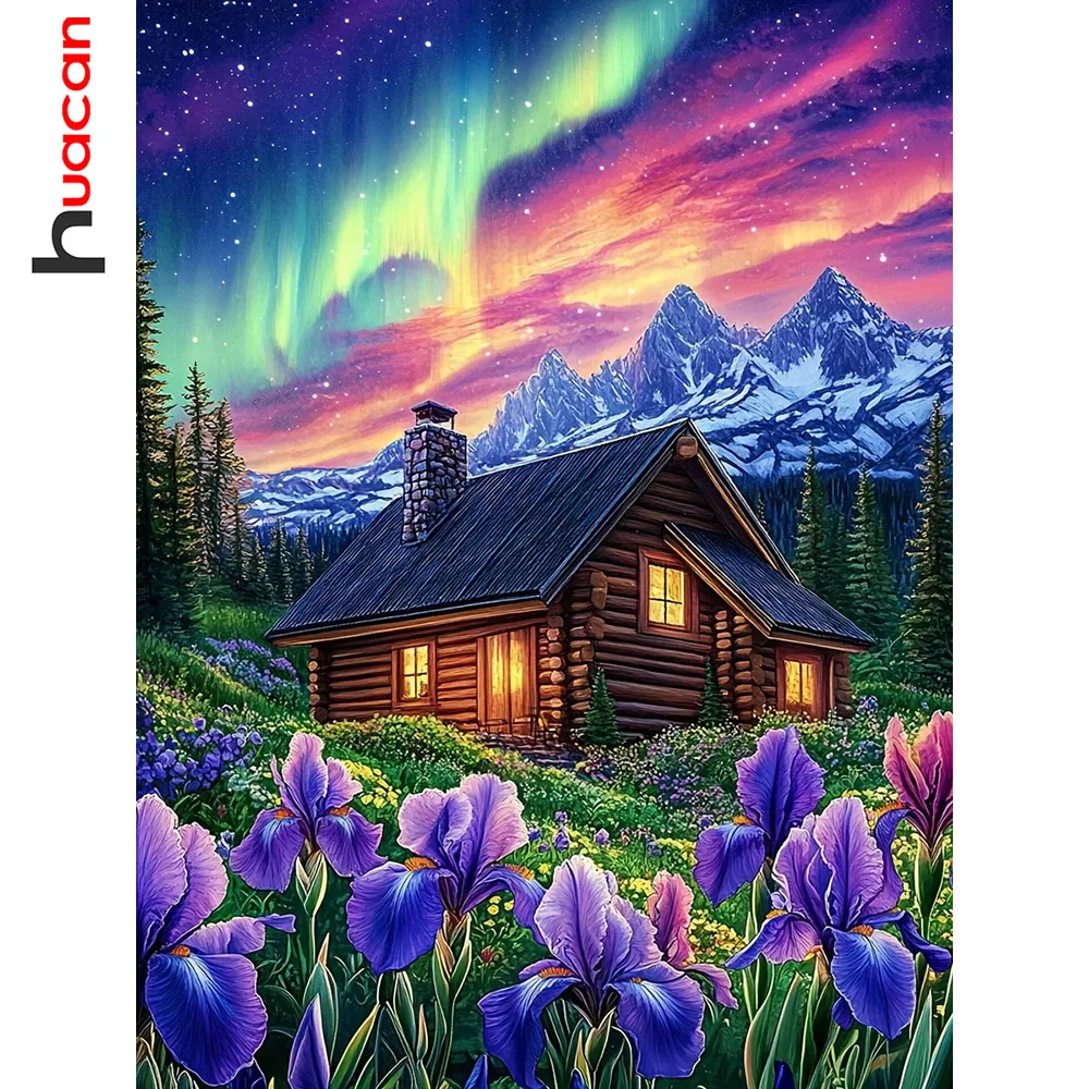 Huacan 5D DIY Diamantmalerei Aurora Haus Blumen Diamant-Mosaik Landschaft Komplettes Set Strass-Bilder