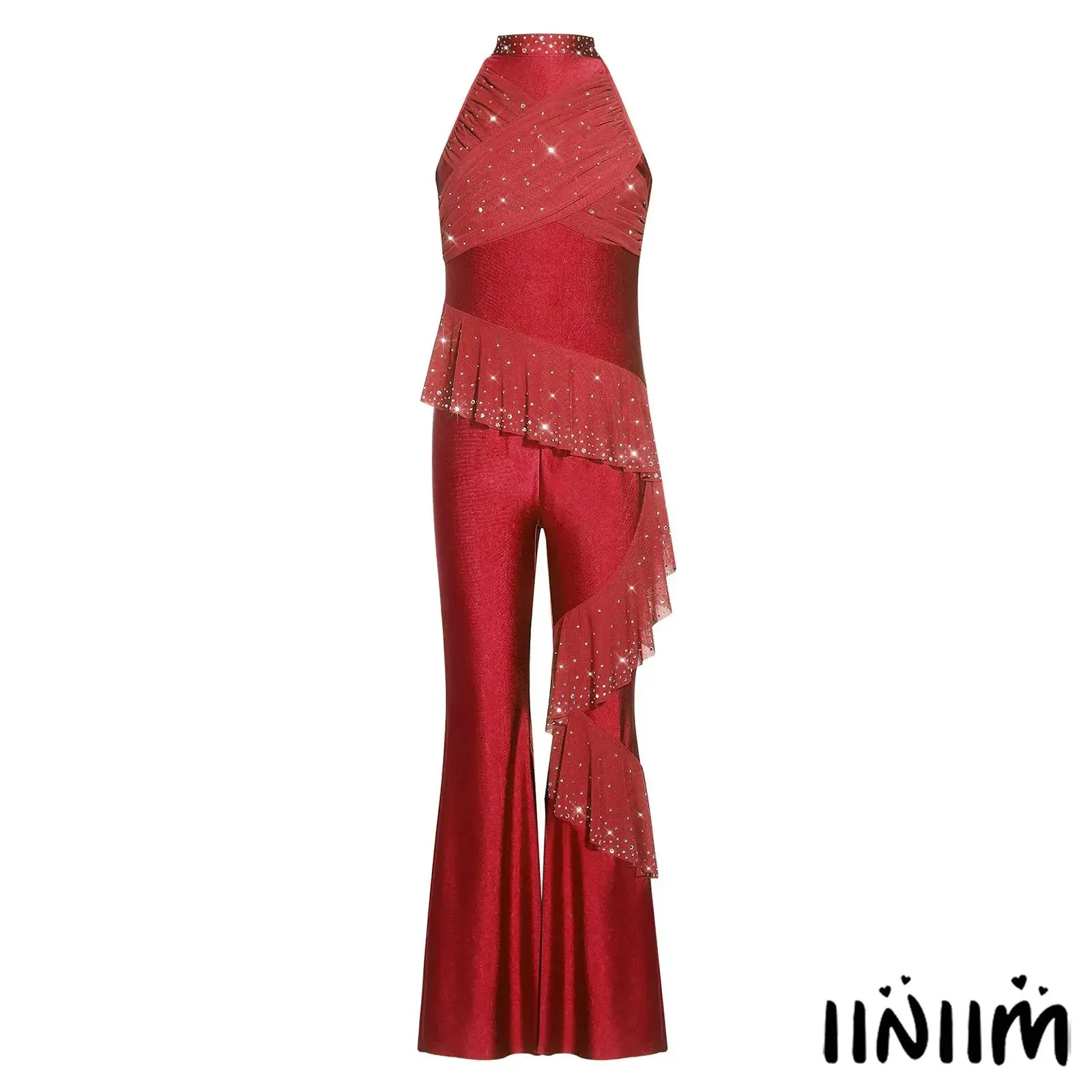 

Kids Girls Rhinestones Gymnastics Latin Jumpsuit Sleeveless Ruched Mesh Ruffles Bell-Bottom Bodysuit for Stage Ballroom Shows