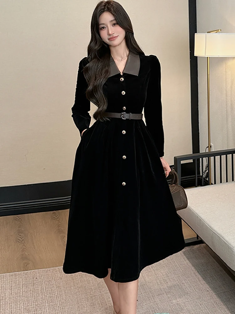

Autumn Winter Black Velvet Long Sleeve Polo Collar Dress Women Vintage Hepburn Prom Clothes 2025 Korean Elegant Luxury Vestidos