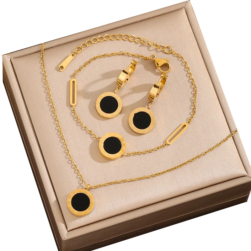 طقم مجوهرات بالأرقام من الفولاذ المقاوم للصدأ للنساء ، قشرة سوداء وبيضاء ، قلادة سلسلة O ، سوار ، أقراط ، زفاف ، كامل ،
