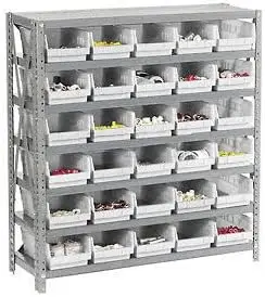 

7 Shelf Steel Shelving With (30) 4"" H Plastic Shelf Bins, Beige Bins, 36X12X39