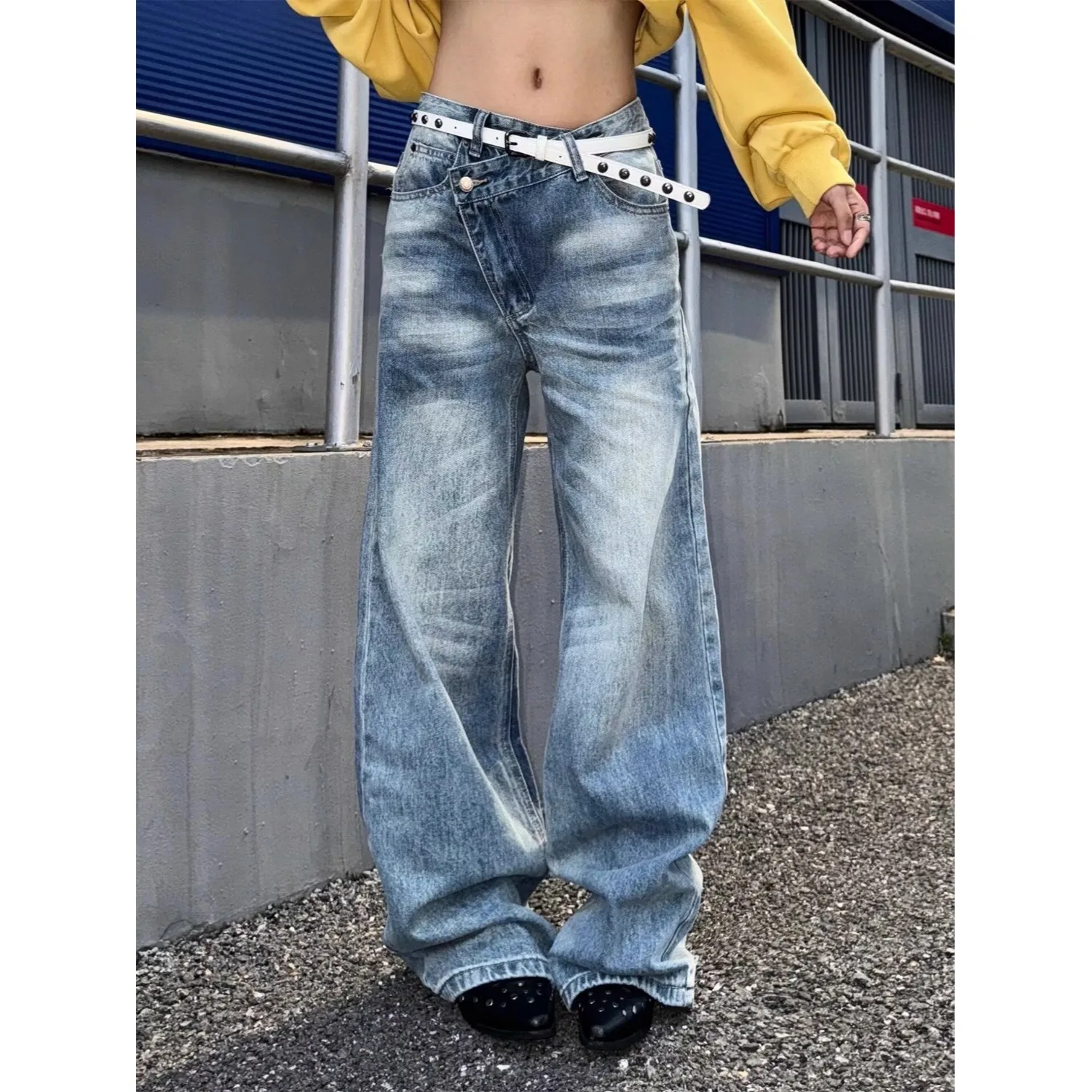 

Y2K American Retro Washed Jeans Women Drape Deconstruction Loose Banana Pants Curved Knife Design