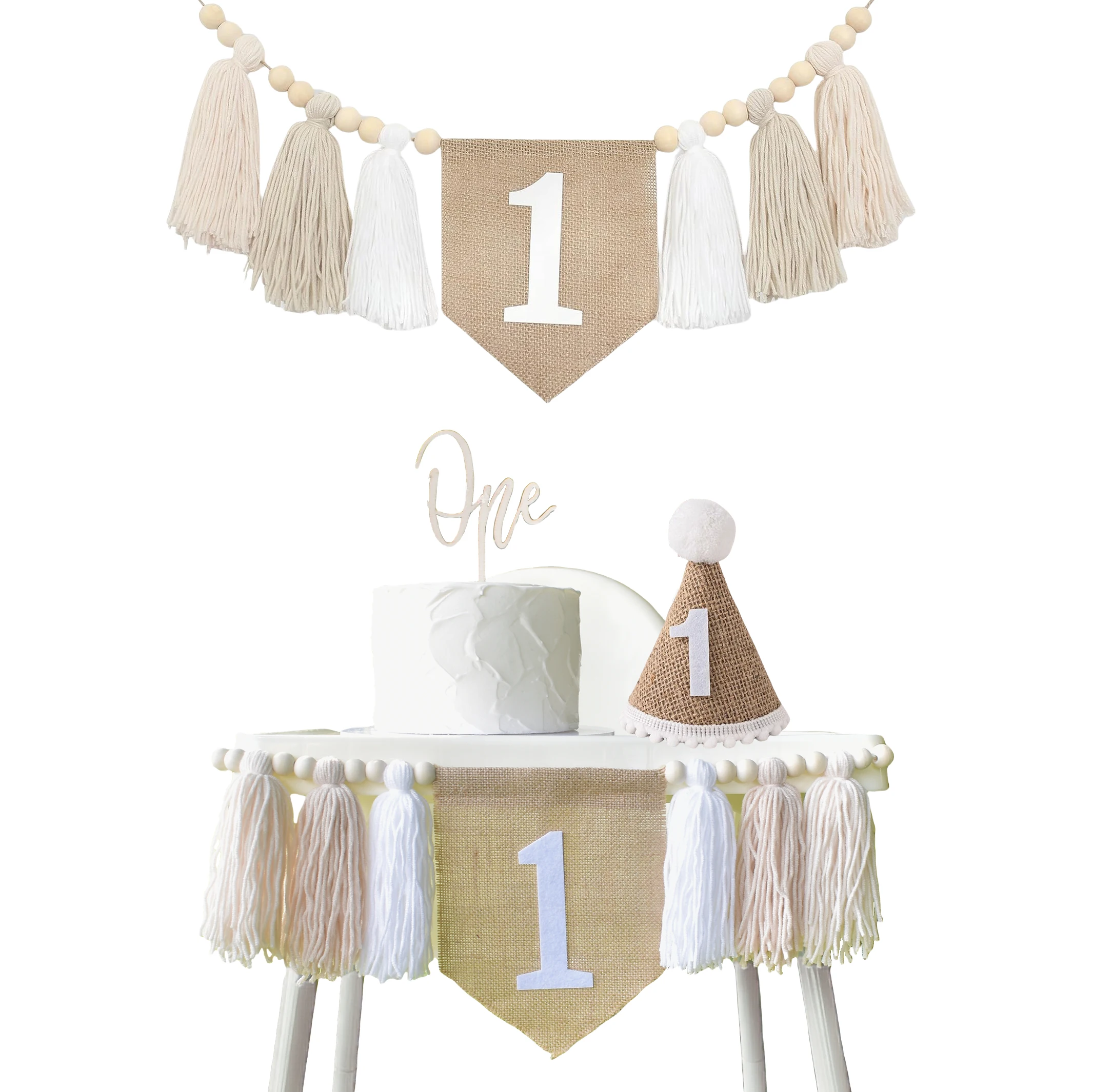 Baby's 1st Birthday party High Chair Banner Birthday Crown Hat Set Handmade Wooden Beaded Fringe Garland Photographic Prop