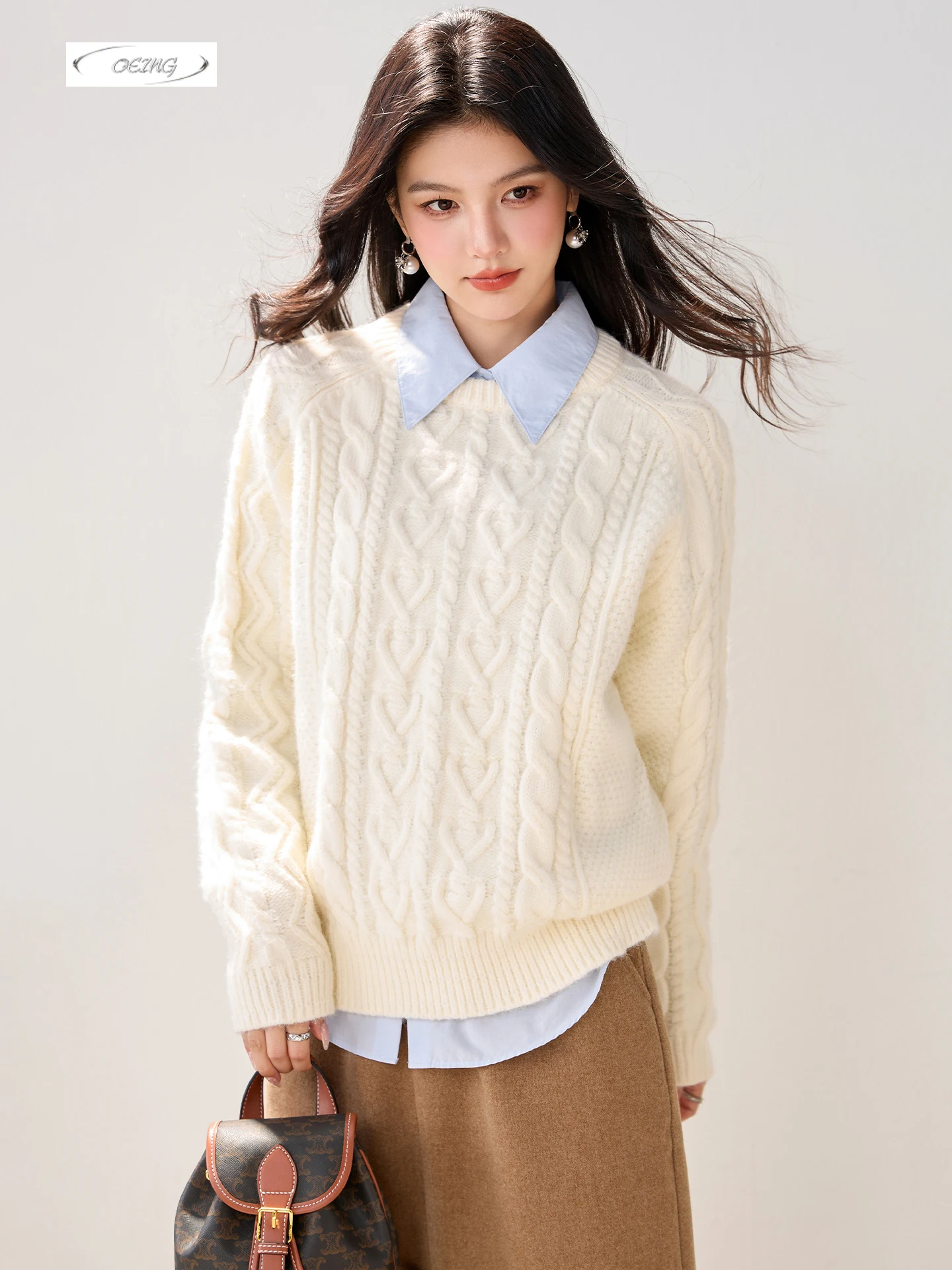 

Vintage O-neck Long Sleeve Loose Creamy-white Knitted Pullover Sweater Tops Autumn Winter Thick Elegant Jumper Knitwear 6047