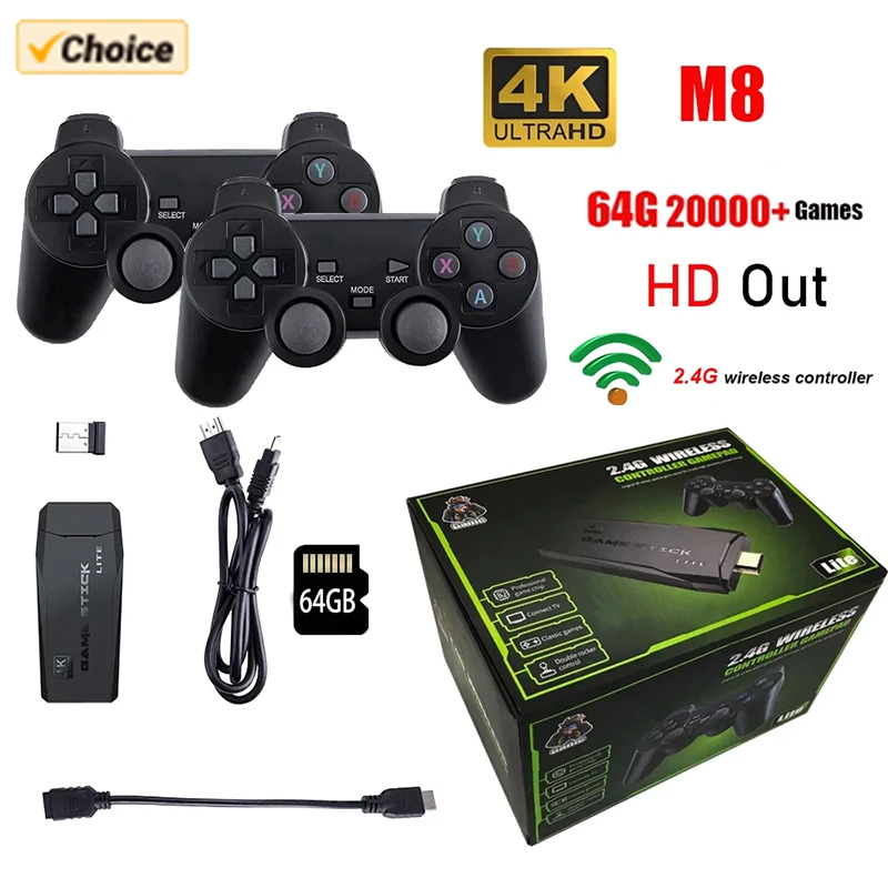 Video Game Stick Lite 4K Video Game M8 Console 64GB Double Wireless Controller For 20000 Retro Games Kid Xmas Gift