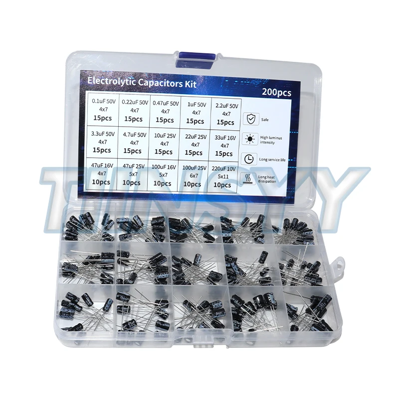 200pcs/lot Electrolytic Capacitor Assortment Kit - 15 Values 10V 16V 25V 50V 0.1uF-220uF - Includes 0.22uF, 2.2uF, 100uF