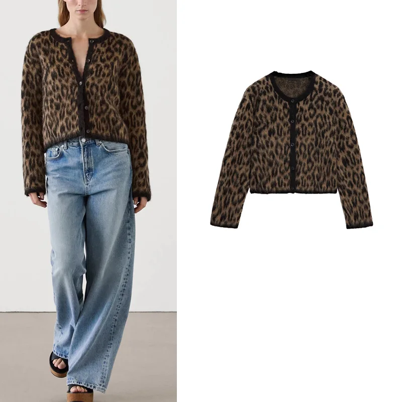 

Spring New Women's American Retro Brown Leopard Print Soft round Ne Open Front irt ort Jaet Polyester Fiber 00%