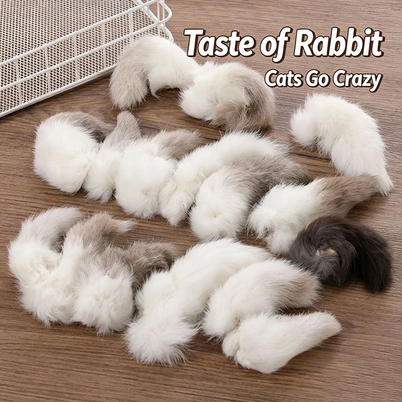 Interactive Squeaky Plush Dog Toy - 2Pcs Natural Rabbit Tail Cat Toy,