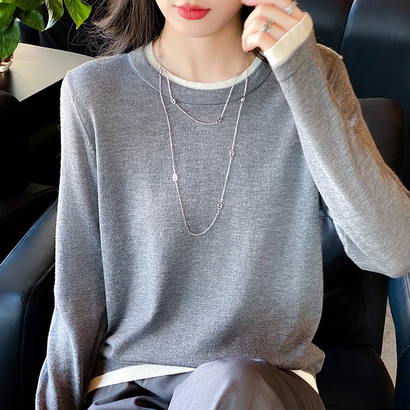

Spring Autumn Fashion Women's Clothes Wool O-neck Long Sleeve Pullover Mulberry Silk Double Neck Sweater Knitted Jacket 2025 New