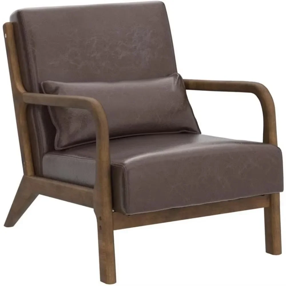 Fauteuil d'accent café du milieu du siècle, fauteuil de lecture simple, chaise longue en cuir PU avec cadre en bois de caoutchouc pour brochure, 30.75 po H