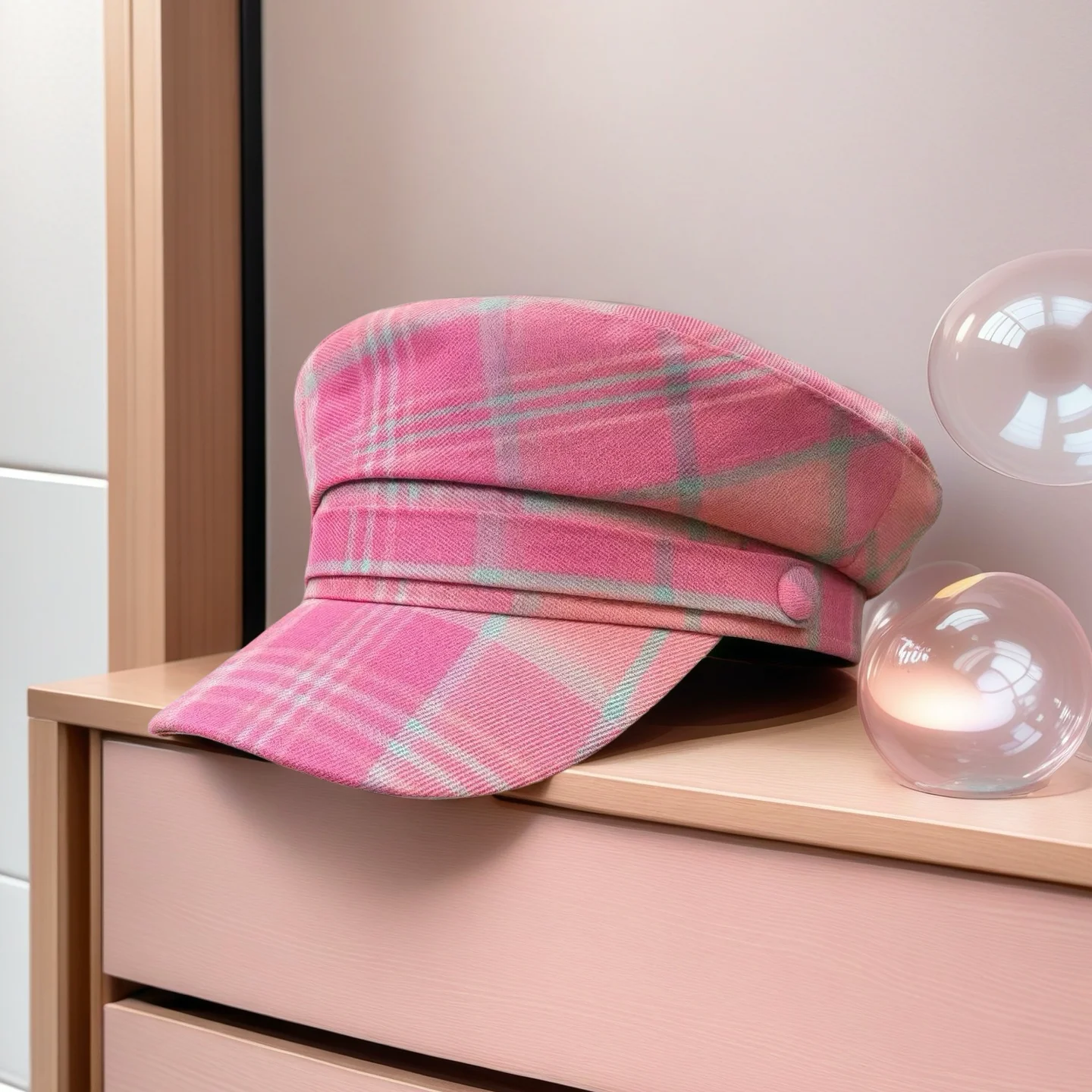 

HongLuan Pink Cotton Plaid Military Hat for Woman - Vintage Unisex Hats for Luxury Woman