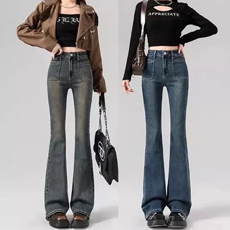 

Spring Woman High Waist Vintage Flare Jeans Girls Korean Y2k 2000s Bell Bottom Pants Female Streetwear Gray Blue Denim Trousers