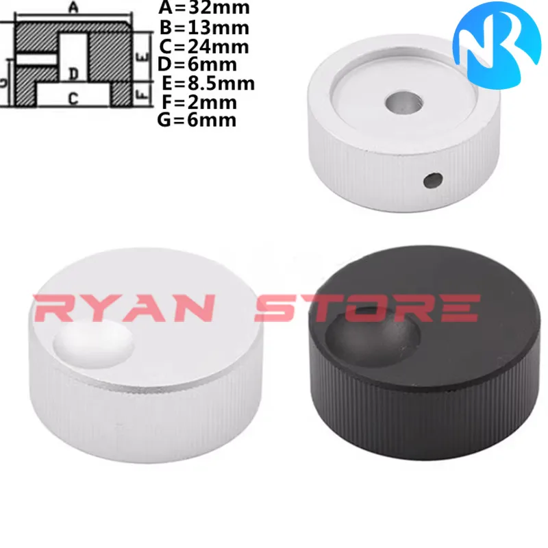 Alumínio Solid Core Knob Cap, Potenciômetro Encoder, Band Switch Kno, Diâmetro Interno 6mm, Tamanho 32x13mm, 13x32mm, 2Pcs