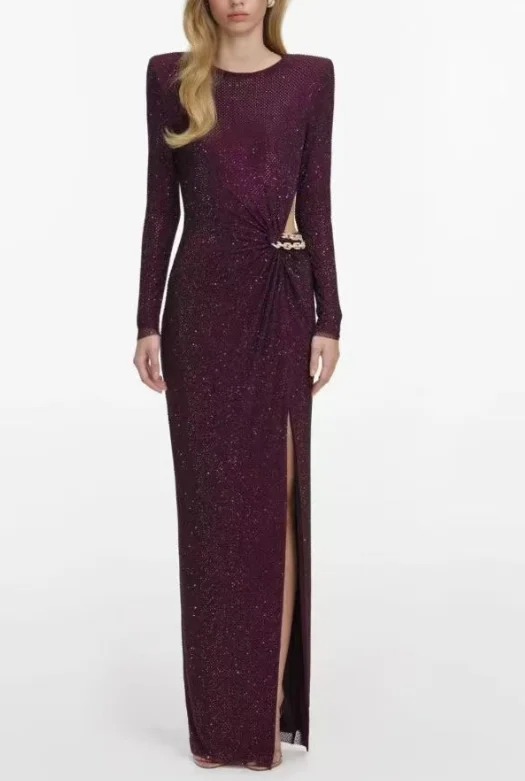 

Red Long Sleeve Diamonds Pressed Slit Hem Maxi Dress 2026 New Design