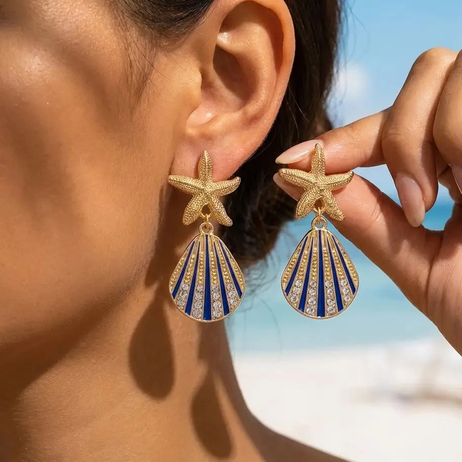

Ocean Style Shell Starfish Stud Earrings for Women Gold Color Imitation Pearl Metal Star Temperament Earring Girls Beach Jewelry