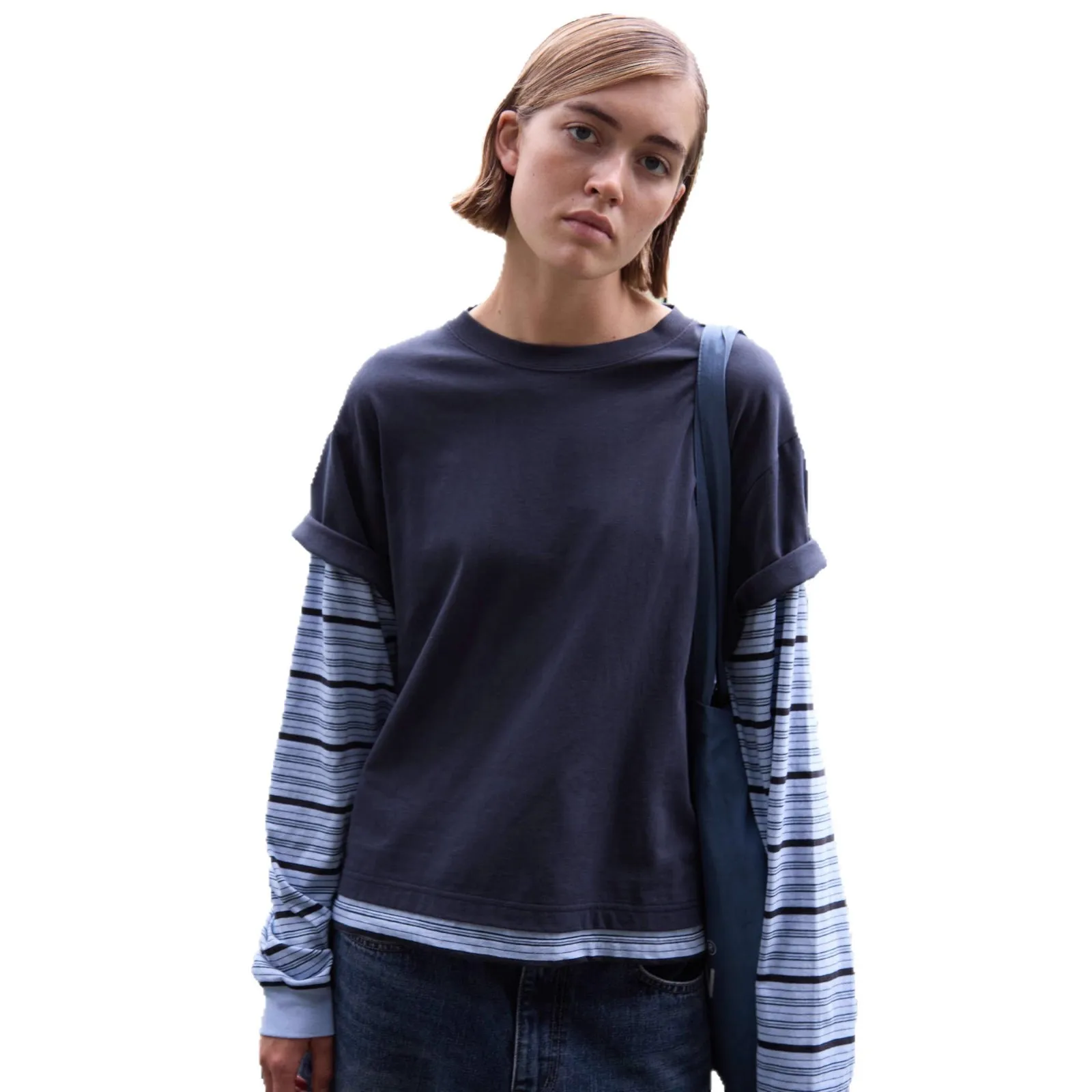 

Lowclasic Casual Striped Long Sve T-irt Women's Fake 2-Piece Design Dongda Gate Cotton Loose Fit Girl's Tee