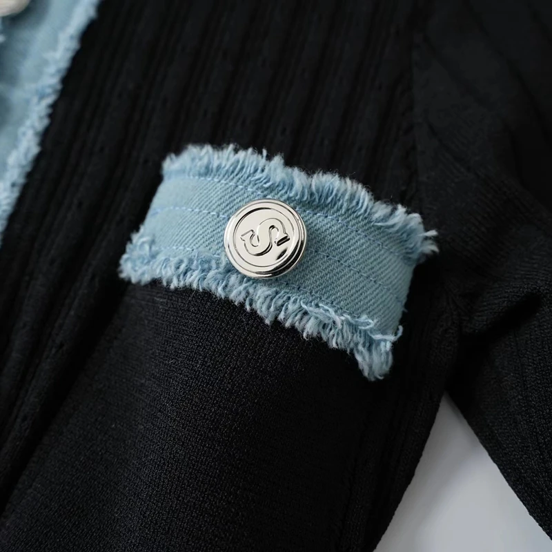 STYLISH LADY Denim Patchwork Knitted Dress 2025 Autumn Women Short Sleeve O Neck Button Bodycon Elegant OL Party Maxi Dresses