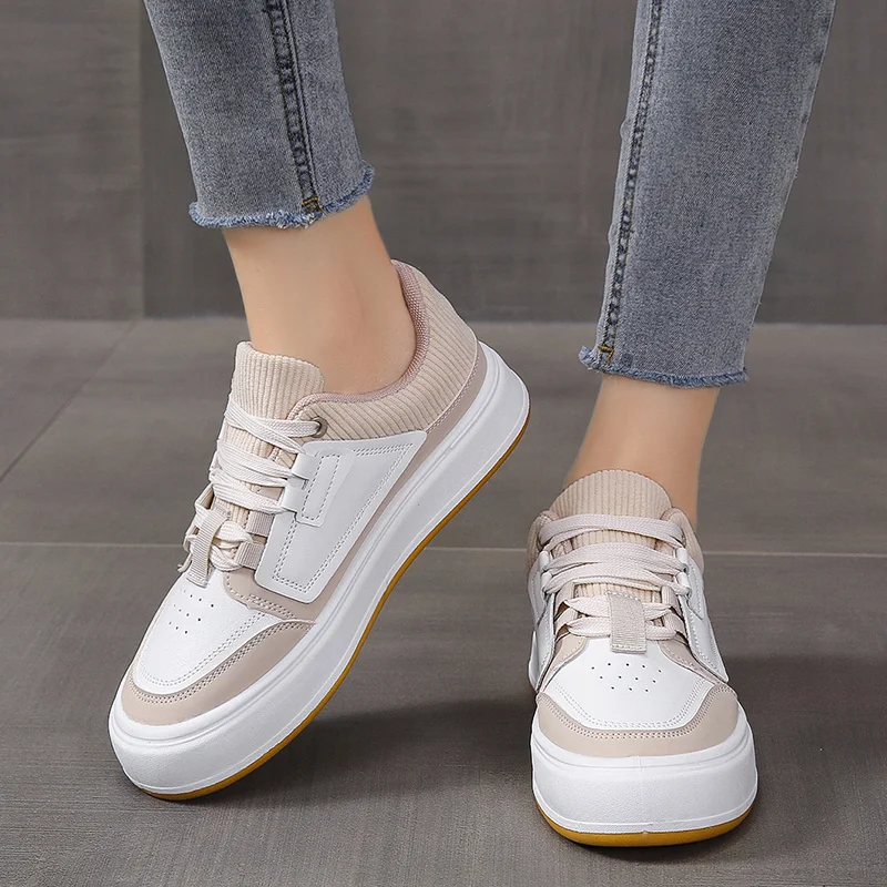 Women\'s Colorblock Skate Shoes Trendy Lace Up Low Top Round Toe Sneakers All-match Walking Trainers UP Platform Shoes for Women