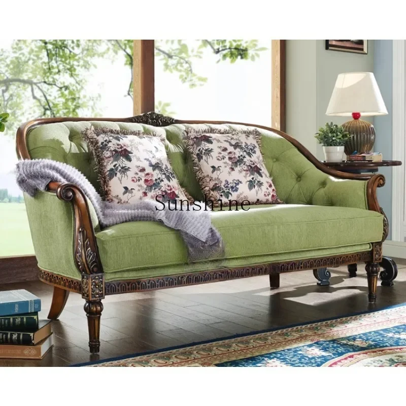 American pastoral neoclassical carved pull buckle fabric solid wood three-person sofa combination  FT