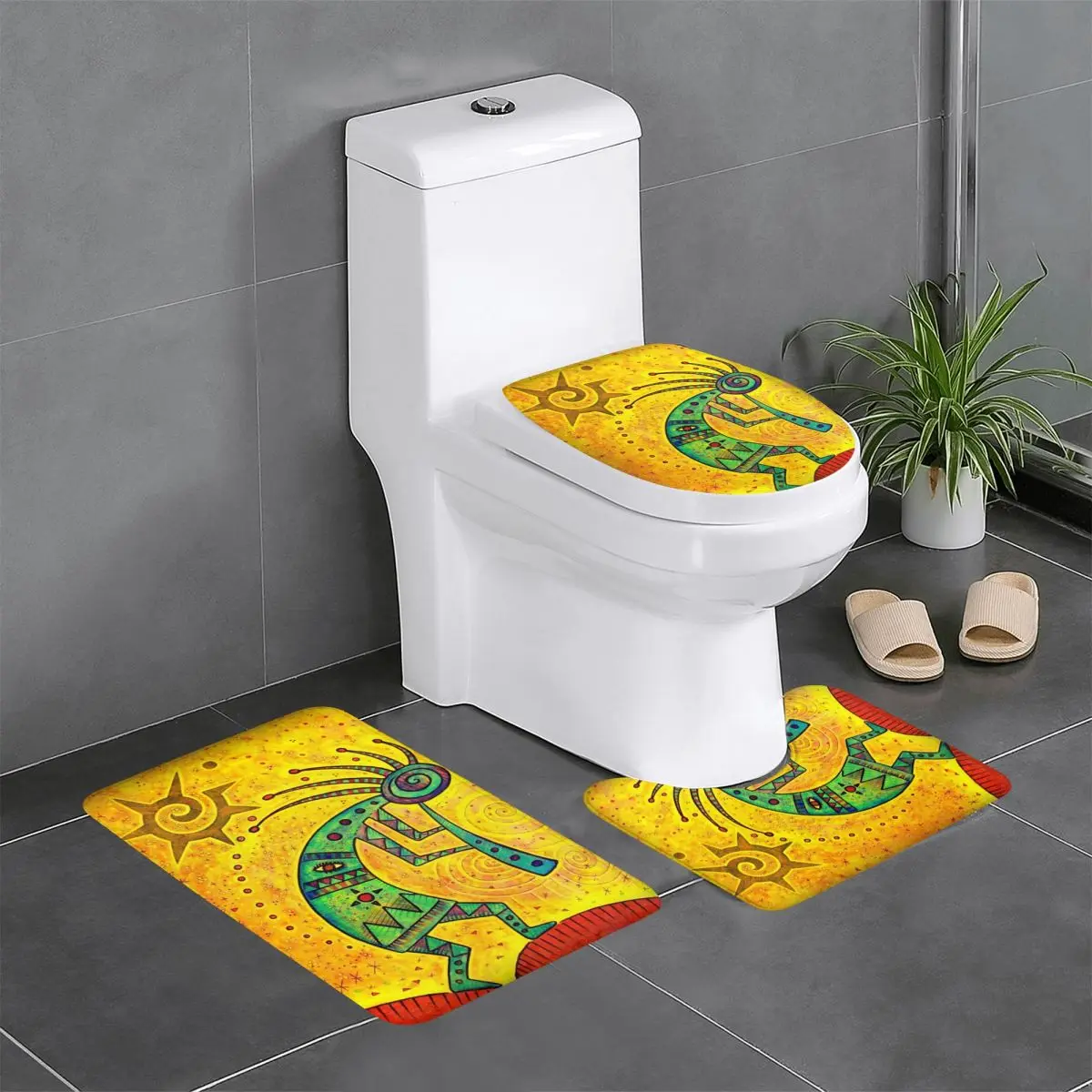 Custom Kokopelli The Flute Player 3 Pieces Bathroom Rugs Set Non Slip Aboriginal Tribal Pattern Toilet Bath Mat Sets