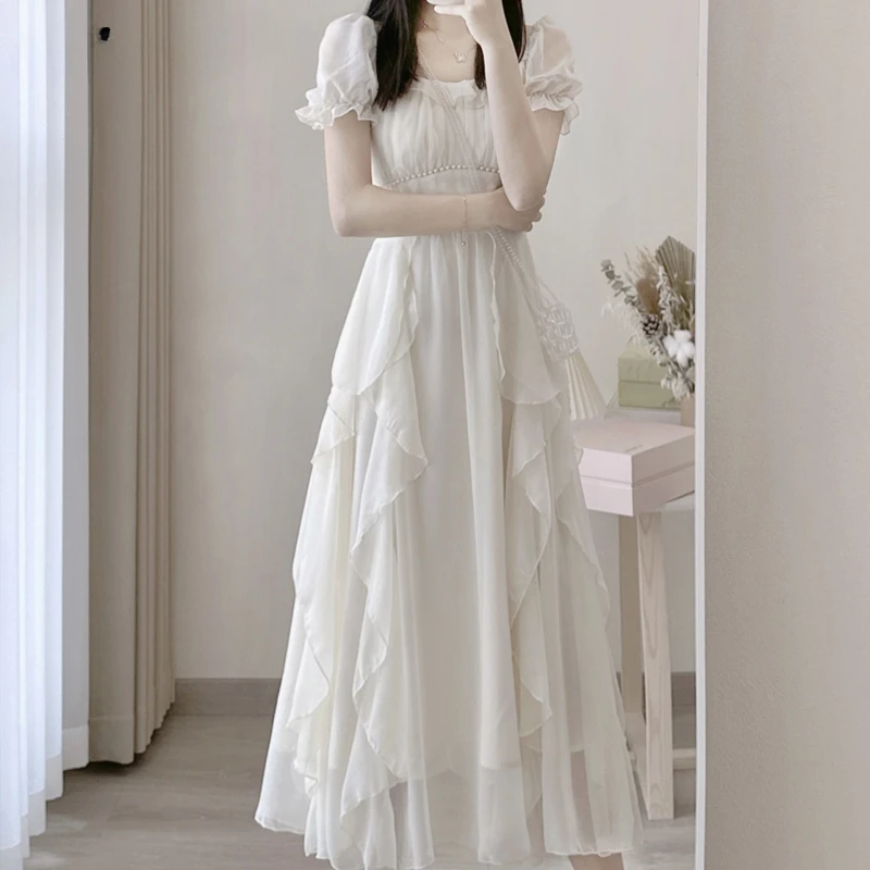 

Women's Beaded Ruffle Sweet Fairy Chic White Elegant Dresses Summer Trendy Square Collar Short Sleeve High Waist Slim Midi Dress