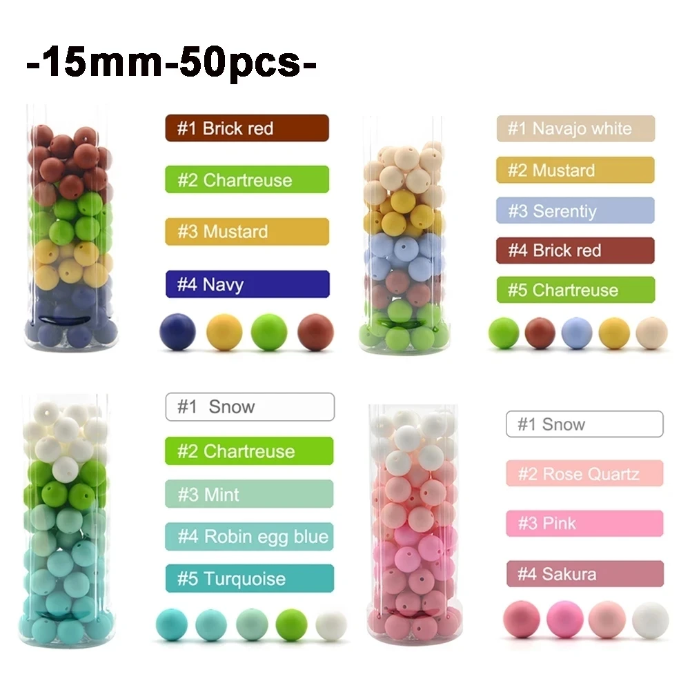 LOFCA 15mm Silicone Beads 50pcs Silicone Round Baby Nursing Necklace Teether Colorful Pacifier Clip Oral Care BPA Free