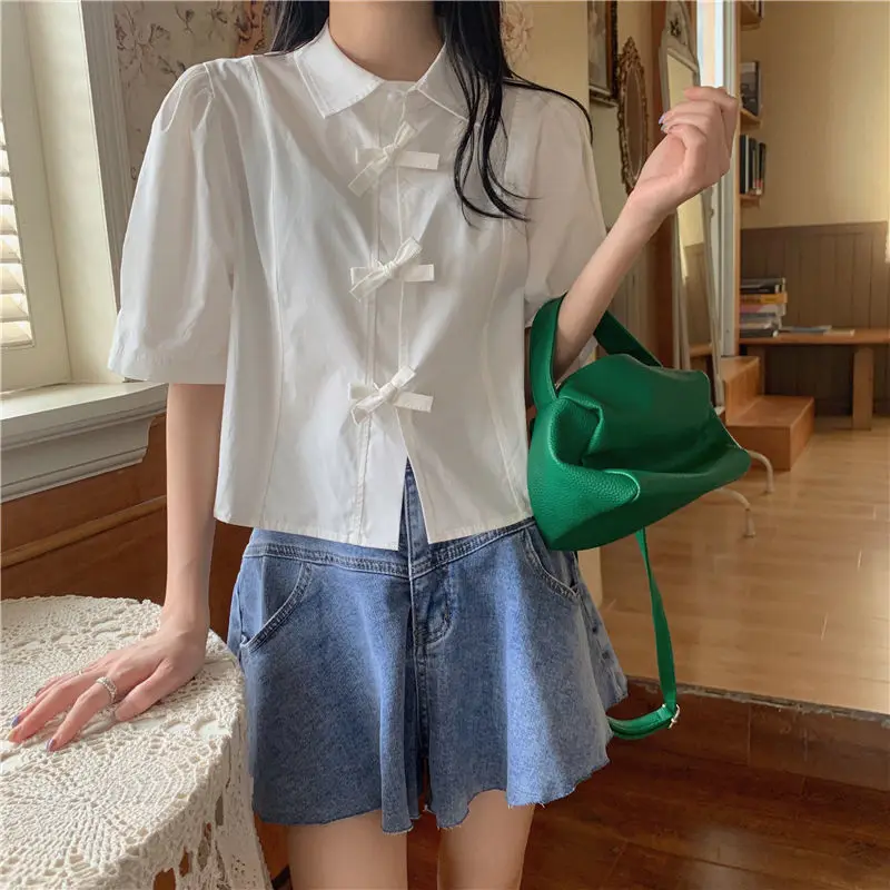 Shirts Women Sweet Summer Bow Solid Korean Style Y2k Crop Tops Fashion Ins Preppy Girl Puff Sleeve Hotsweet Casual Camisas Mujer