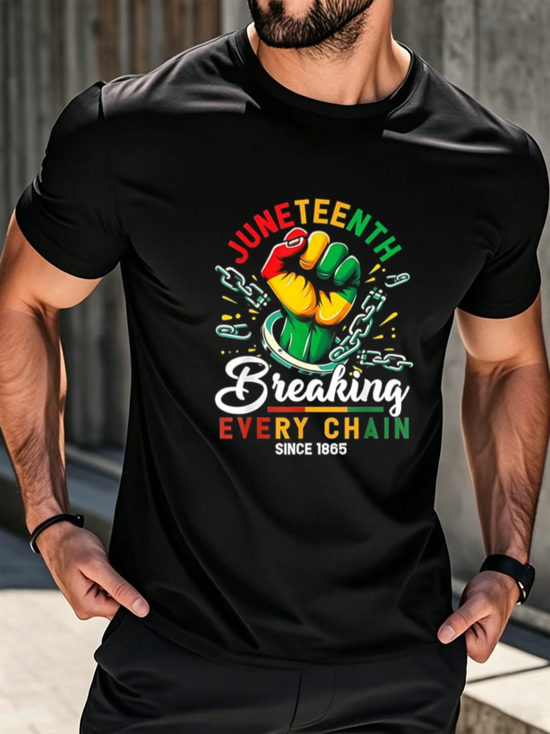 Men's Street Style June Festival Themed T-Shirt with Broken Chain Element Print, Breathable and Comfortable Everyday Top
