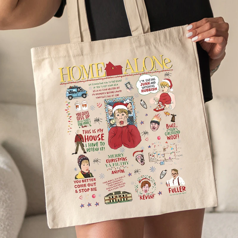 All The Home Alone Pattern Tote Bag Canvas Shoulder Bag for TV Movie Lovers Women\'s Reusable Shopping Bag Funny Movie Merch