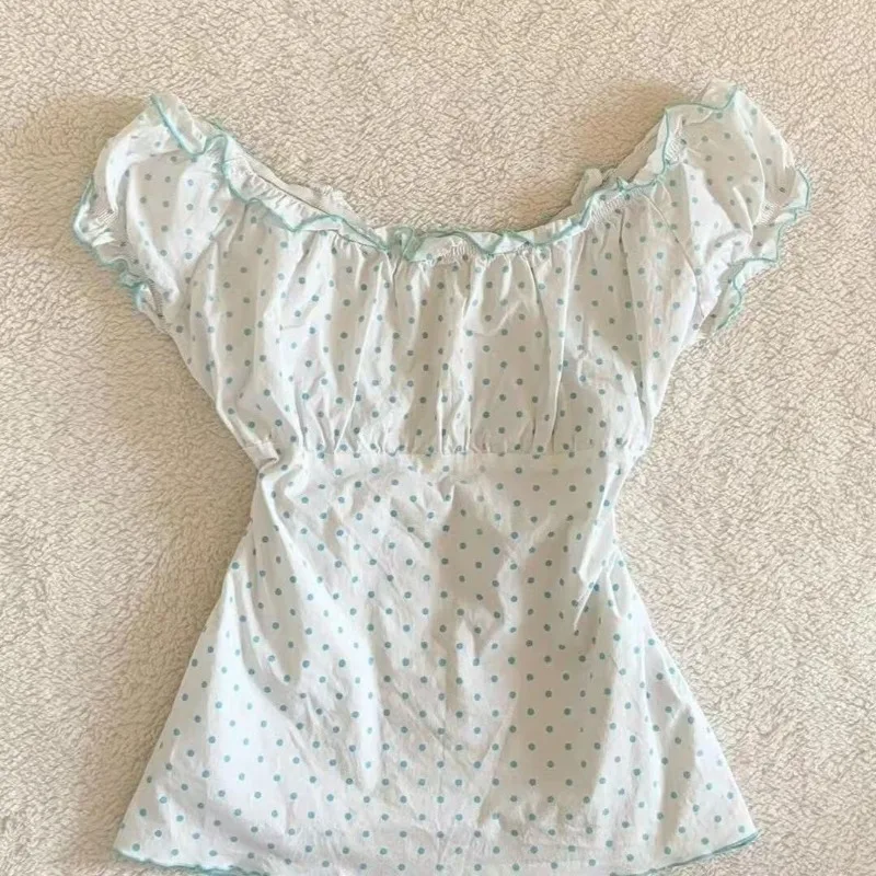 

French Retro Harajuku Green Polka Dot Print T-shirt Summer Subculture Cotton Short-sleeved Tees Women's Kawaii Ruffled Slim Tops