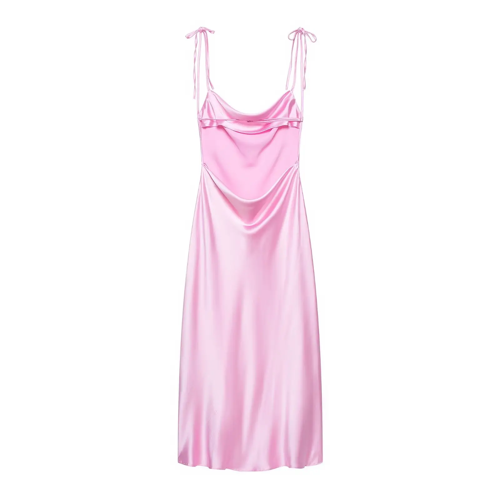 HH 2026 Neues Französisches Satin-Slip-Midikleid für Damen mit Wasserfallausschnitt und Bindeband, Elegantes Sommer-Urlaubs- und Abschlussballkleid – Detail 3