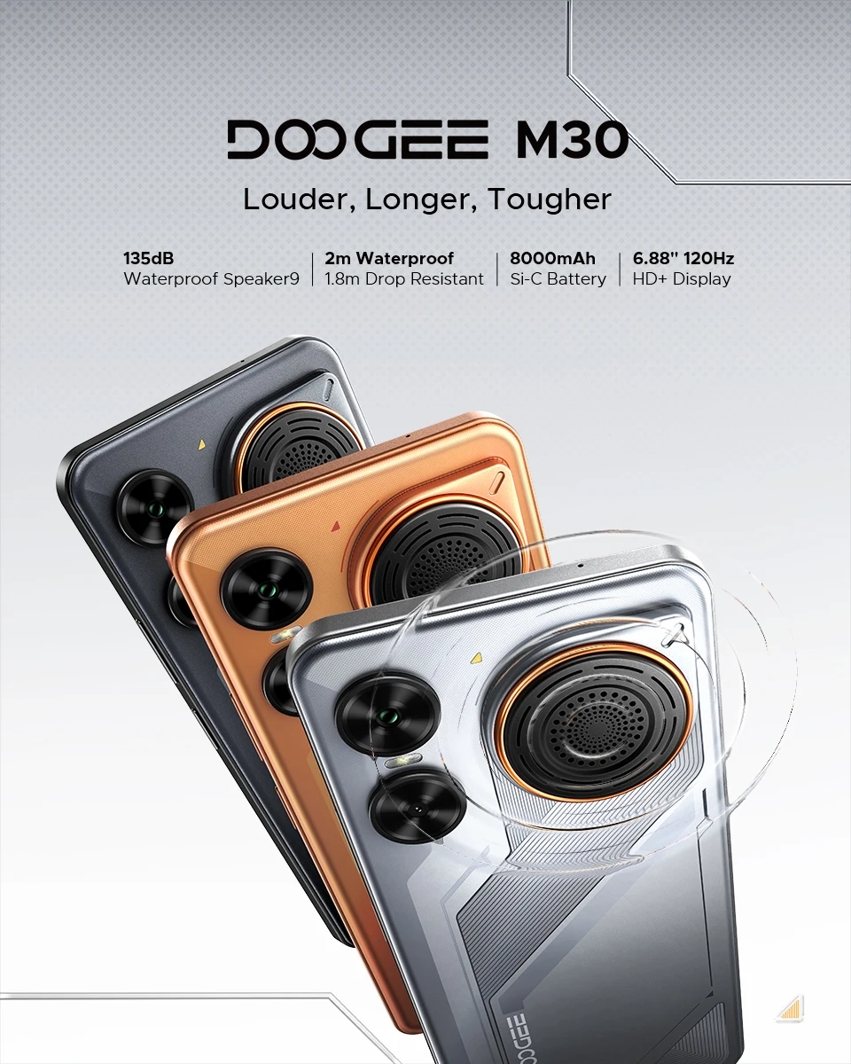 DOOGEE M30 Ai Smartphone 6.88" IP68 Waterproof Android 16 8000mAh Battery 48GB RAM (6+42) 256GB ROM 64MP Camera Widevine L1 Google Pay Supports with 135dB Large Amplitude Speaker