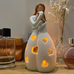 Candlestick Holder with Flickering LED Candle Memorial Gifts Standing Mother Hugging Daughter Statue Resin Figurines