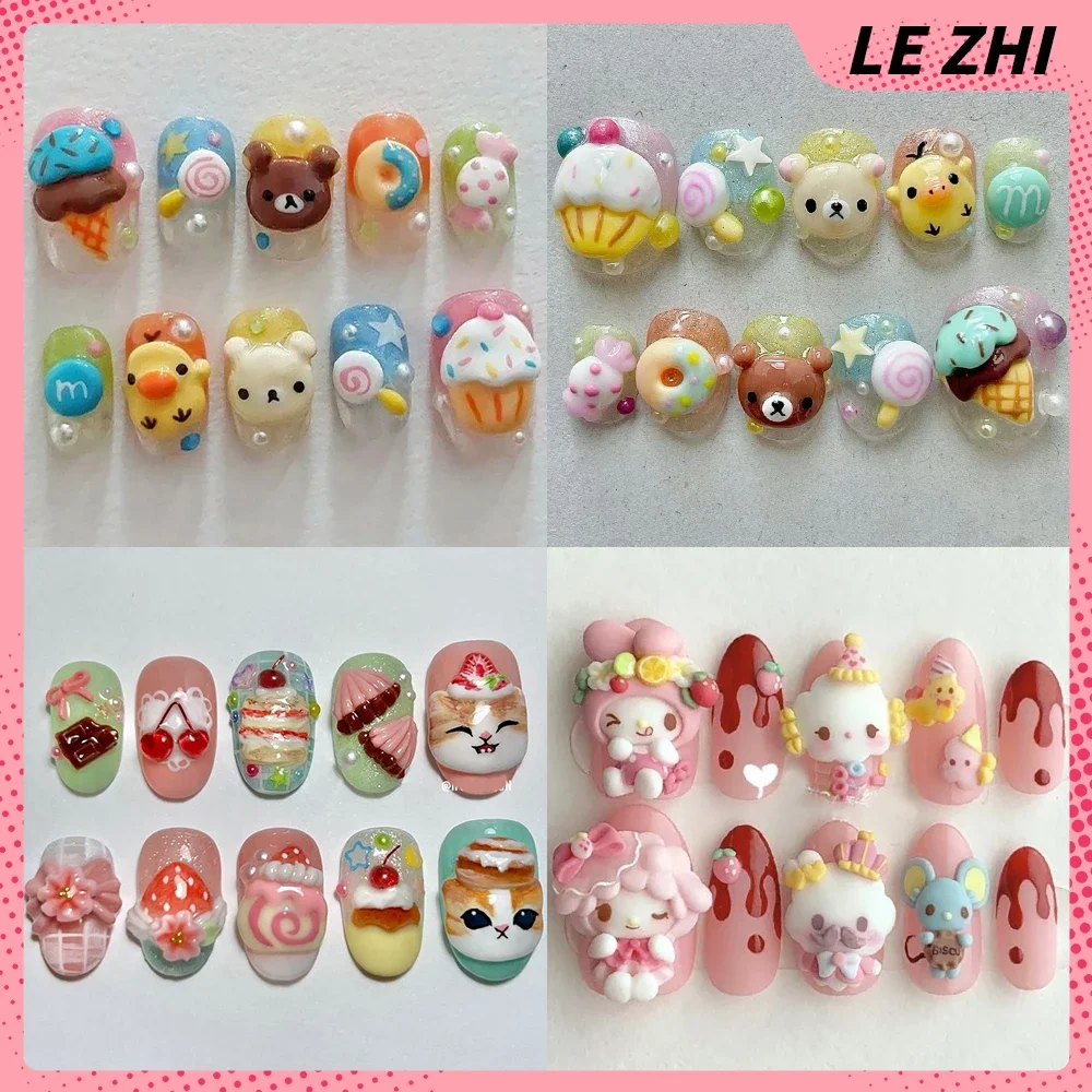 

10Pcs Cartoon Rilakkuma My Melody Cinnamoroll Almond Fake Nail Kawaii Rabbit Cat Dog Cake Ice Cream Strawberry Press On Nails