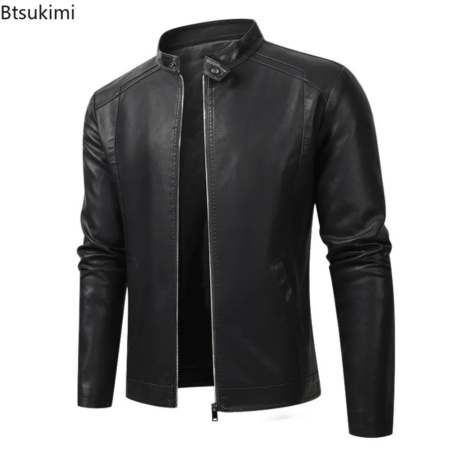 Autumn Winter New Men's Standing Collar Leather Jackets Fashion Slim Motorcycle Cycling Clothes Thicken Fleece PU Leather Coats