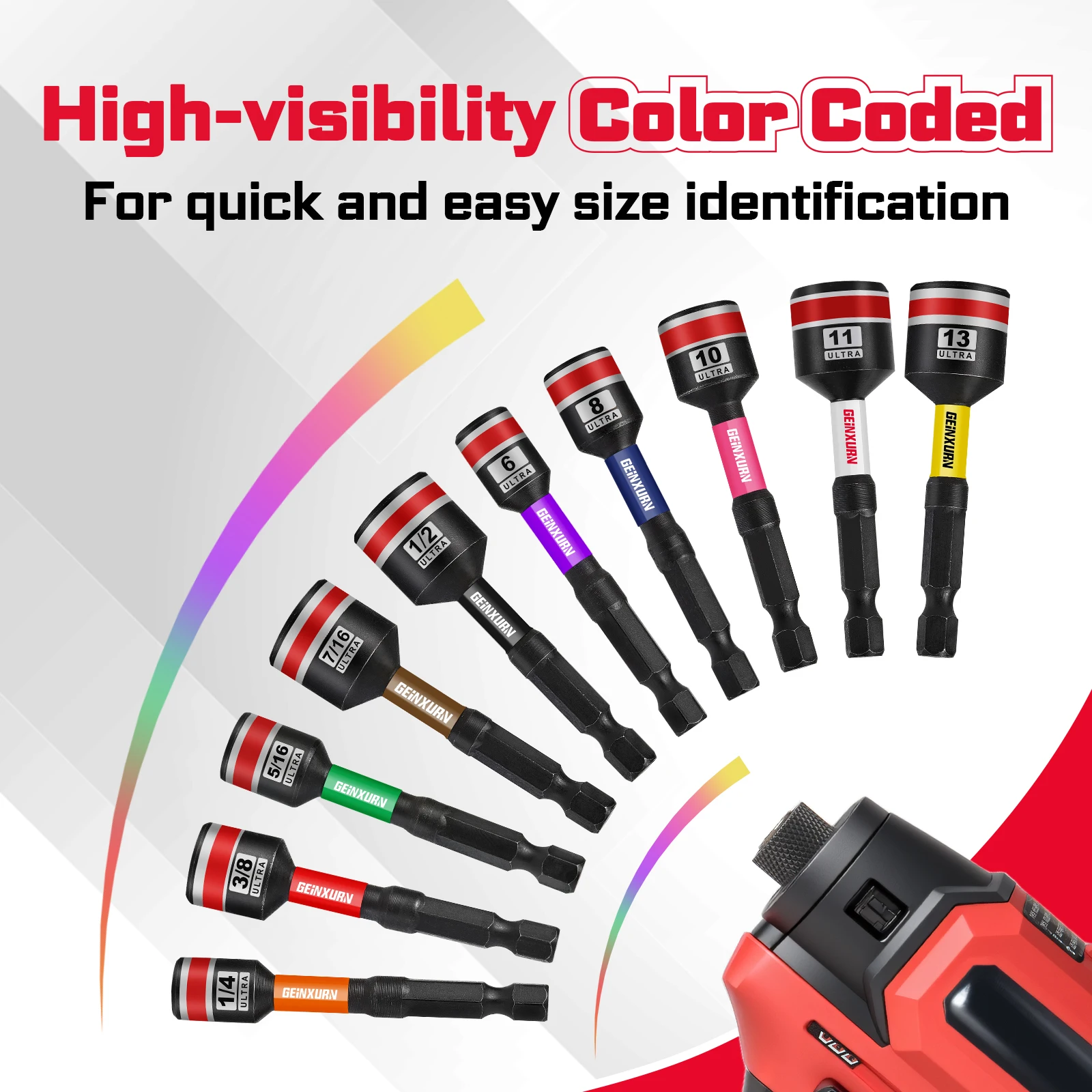 Geinxurn 2.6“/6" Nut Driver Set, Color Coded Strong Magnetic S2 Steel 1/4 Hex Shank Socket Bits Fit Drill Screwdriver For Repair view 5